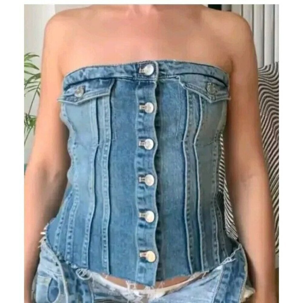 NEW ZARA WOMAN SS23 BLUE CORSET STYLE DENIM TOP TRF SIZE S 8197/110 Y159A